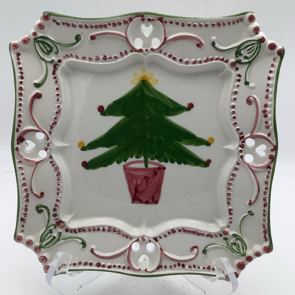 Casafina Portugal Buon Natale  Hand Painted Christmas Tree Square Plate/Dish